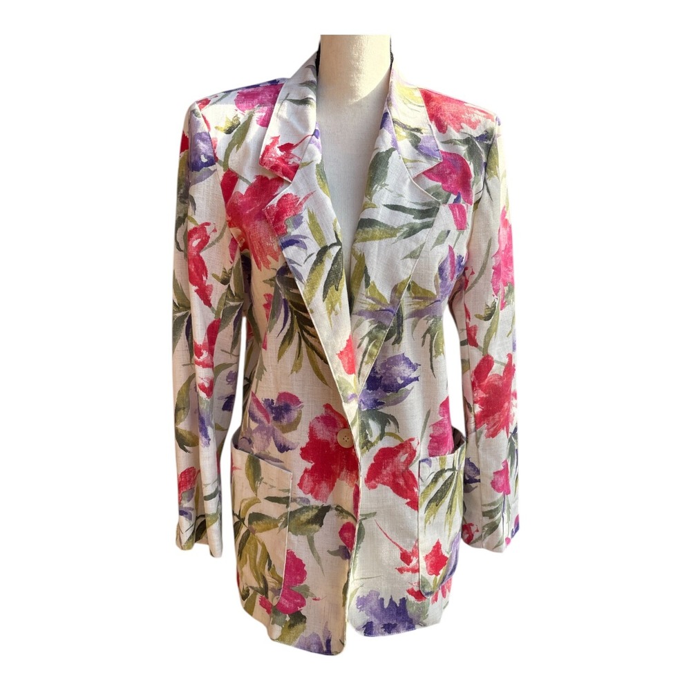 San Moire Blazer Jacket Women's Size Small Floral Front Pockets Unstructured